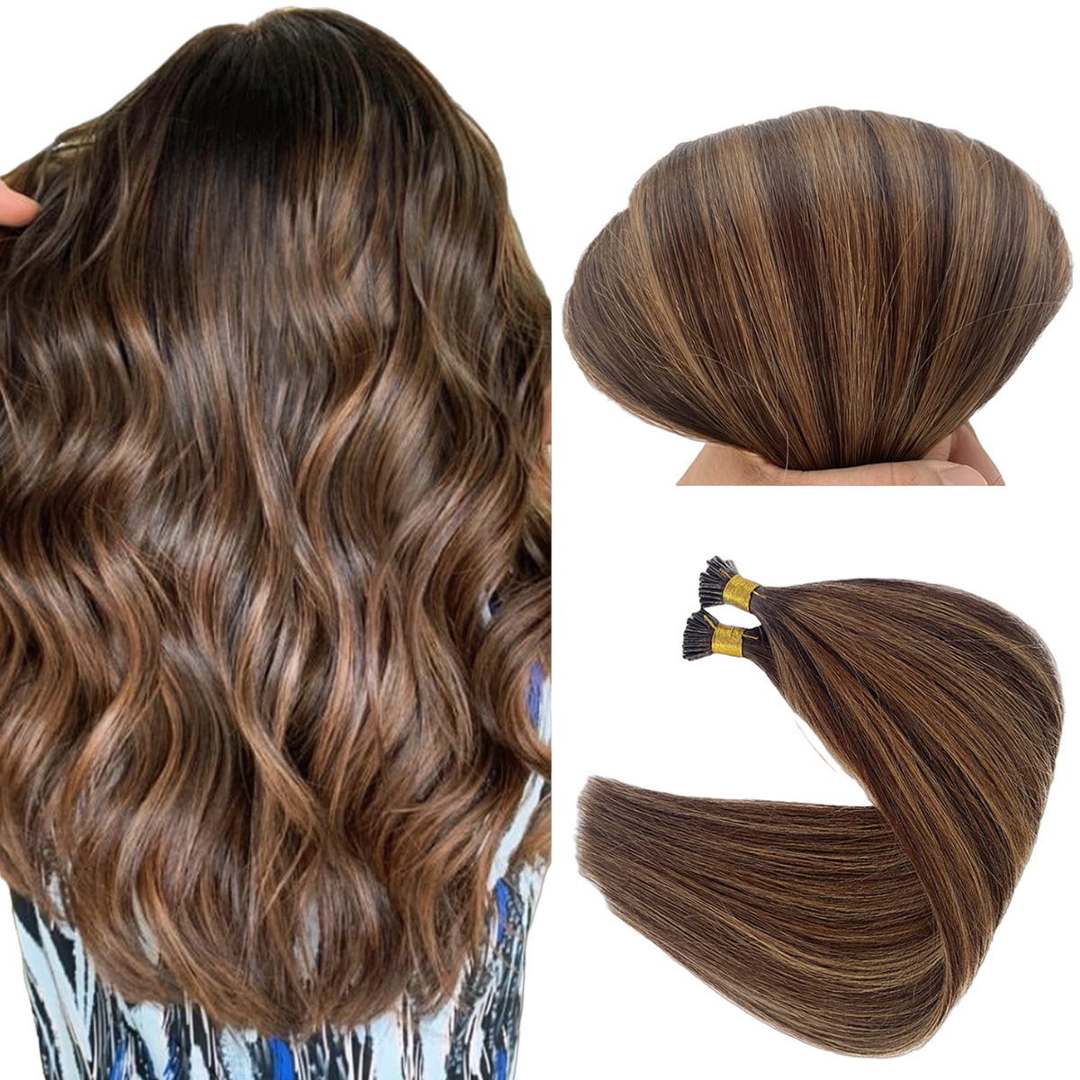 Remy Ombre Brown to Dark Brown Mixed Ash Brown Balayage #2T8/2 I-Tips - BB Collections Hair