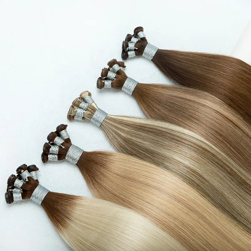 Russian Double Drawn Hand-Tied Wefts Extensions Caramel/ Light Brown/ Light Blonde #6/22/10 - BB Collections Hair